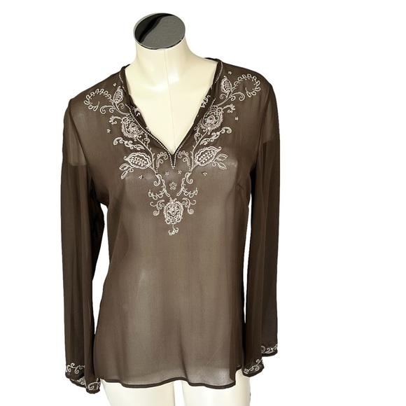 ANN TAYLOR Embroidered Sheer Silk Brown Tunic Blouse Top Women's Size S - Picture 1 of 11
